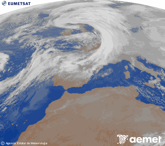 Imagen de la zona de Europa y Norte de �frica del canal infrarrojo del sat�lite Meteosat operacional en 0�N 0�W, procesada para darle color.&nbsp;dilluns, 12 de gener  2026 01:00