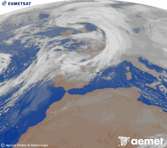Imagen de la zona de Europa y Norte de �frica del canal infrarrojo del sat�lite Meteosat operacional en 0�N 0�W, procesada para darle color.&nbsp;dilluns, 12 de gener  2026 02:00