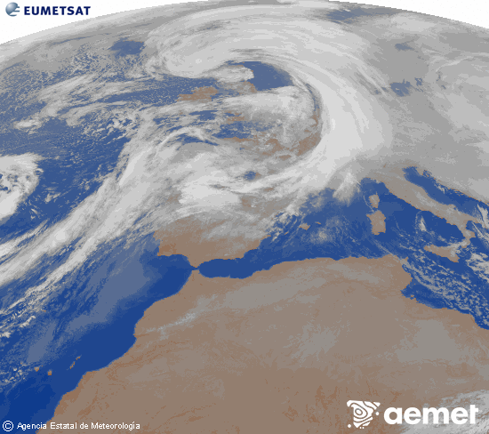 Imagen de la zona de Europa y Norte de �frica del canal infrarrojo del sat�lite Meteosat operacional en 0�N 0�W, procesada para darle color.&nbsp;dilluns, 12 de gener  2026 03:00