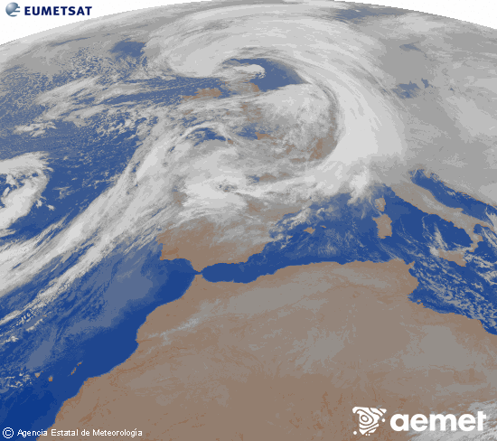 Imagen de la zona de Europa y Norte de �frica del canal infrarrojo del sat�lite Meteosat operacional en 0�N 0�W, procesada para darle color.&nbsp;astelehena, 2026ko urtarrilak 12, ordua: 04:00