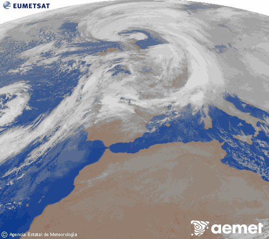Imagen de la zona de Europa y Norte de �frica del canal infrarrojo del sat�lite Meteosat operacional en 0�N 0�W, procesada para darle color.&nbsp;astelehena, 2026ko urtarrilak 12, ordua: 05:00
