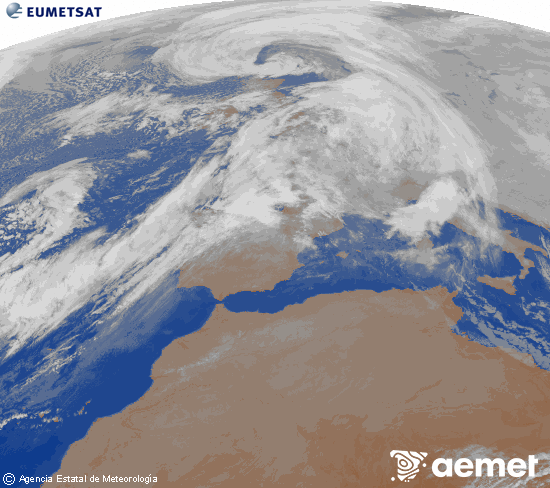 Imagen de la zona de Europa y Norte de �frica del canal infrarrojo del sat�lite Meteosat operacional en 0�N 0�W, procesada para darle color.&nbsp;lunes, 12 enero 2026 a las 09:00