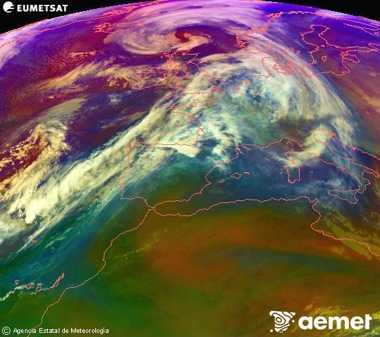 Composici� RGB en la qual es barregen diversos canals del sat�l�lit Meteosat operacional en 0�N 0�W, que ens d�na una idea de les caracter�stiques de les masses d'aire i de la nuvolositat.&nbsp;dilluns, 12 de gener  2026 11:00