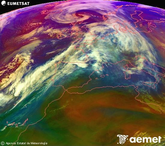 Composici� RGB en la qual es barregen diversos canals del sat�l�lit Meteosat operacional en 0�N 0�W, que ens d�na una idea de les caracter�stiques de les masses d'aire i de la nuvolositat.&nbsp;dilluns, 12 de gener  2026 12:00
