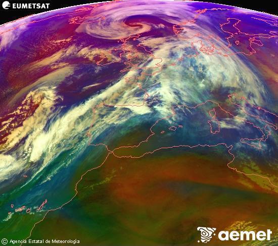 Composici� RGB en la qual es barregen diversos canals del sat�l�lit Meteosat operacional en 0�N 0�W, que ens d�na una idea de les caracter�stiques de les masses d'aire i de la nuvolositat.&nbsp;dilluns, 12 de gener  2026 13:00