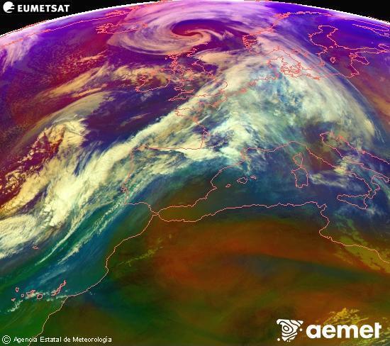 Composici� RGB en la qual es barregen diversos canals del sat�l�lit Meteosat operacional en 0�N 0�W, que ens d�na una idea de les caracter�stiques de les masses d'aire i de la nuvolositat.&nbsp;dilluns, 12 de gener  2026 14:00
