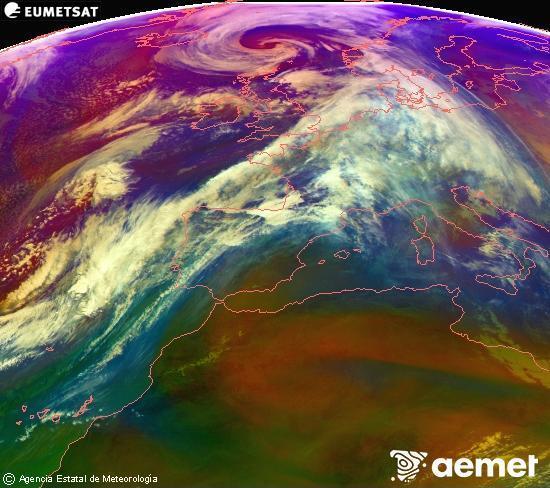 Composici� RGB en la qual es barregen diversos canals del sat�l�lit Meteosat operacional en 0�N 0�W, que ens d�na una idea de les caracter�stiques de les masses d'aire i de la nuvolositat.&nbsp;dilluns, 12 de gener  2026 15:00