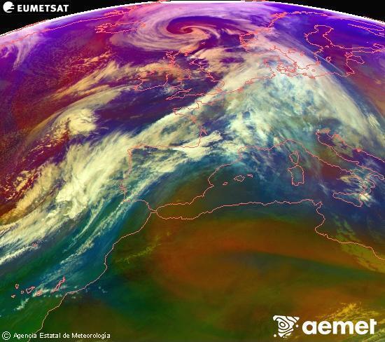 Composici� RGB en la qual es barregen diversos canals del sat�l�lit Meteosat operacional en 0�N 0�W, que ens d�na una idea de les caracter�stiques de les masses d'aire i de la nuvolositat.&nbsp;dilluns, 12 de gener  2026 16:00