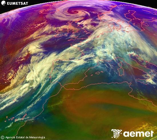 Composici� RGB en la qual es barregen diversos canals del sat�l�lit Meteosat operacional en 0�N 0�W, que ens d�na una idea de les caracter�stiques de les masses d'aire i de la nuvolositat.&nbsp;dilluns, 12 de gener  2026 17:00