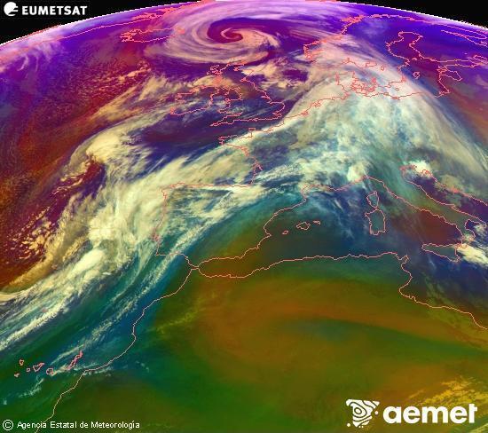 Composici� RGB en la qual es barregen diversos canals del sat�l�lit Meteosat operacional en 0�N 0�W, que ens d�na una idea de les caracter�stiques de les masses d'aire i de la nuvolositat.&nbsp;dilluns, 12 de gener  2026 18:00