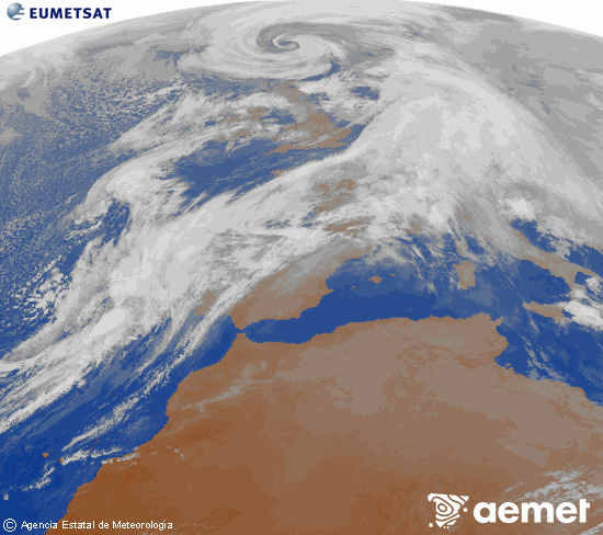 Imagen de la zona de Europa y Norte de �frica del canal infrarrojo del sat�lite Meteosat operacional en 0�N 0�W, procesada para darle color.&nbsp;dilluns, 12 de gener  2026 18:00