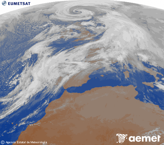 Imagen de la zona de Europa y Norte de �frica del canal infrarrojo del sat�lite Meteosat operacional en 0�N 0�W, procesada para darle color.&nbsp;dilluns, 12 de gener  2026 19:00