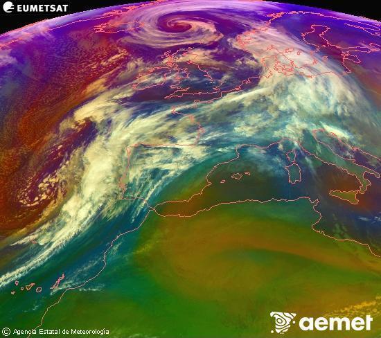 Composici� RGB en la qual es barregen diversos canals del sat�l�lit Meteosat operacional en 0�N 0�W, que ens d�na una idea de les caracter�stiques de les masses d'aire i de la nuvolositat.&nbsp;dilluns, 12 de gener  2026 21:00