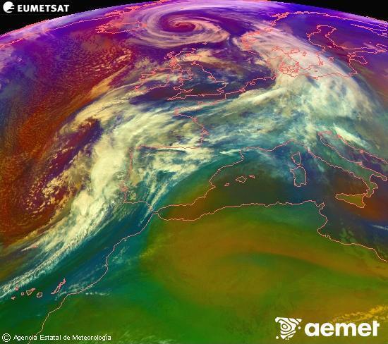 Composici� RGB en la qual es barregen diversos canals del sat�l�lit Meteosat operacional en 0�N 0�W, que ens d�na una idea de les caracter�stiques de les masses d'aire i de la nuvolositat.&nbsp;dilluns, 12 de gener  2026 22:00