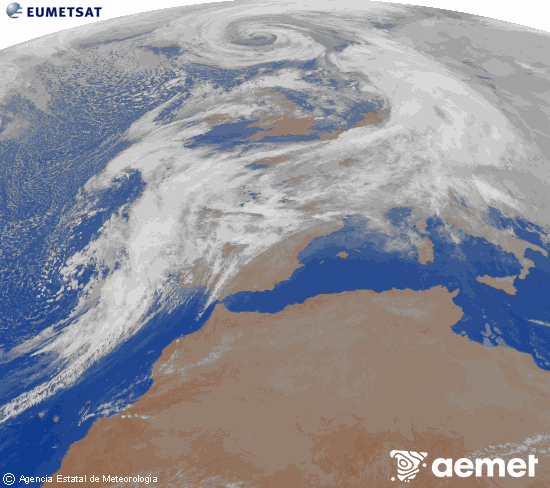 Imagen de la zona de Europa y Norte de �frica del canal infrarrojo del sat�lite Meteosat operacional en 0�N 0�W, procesada para darle color.&nbsp;dilluns, 12 de gener  2026 22:00