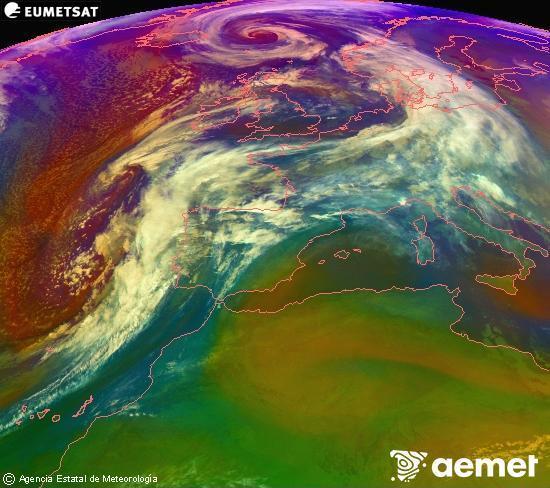 Composici� RGB en la qual es barregen diversos canals del sat�l�lit Meteosat operacional en 0�N 0�W, que ens d�na una idea de les caracter�stiques de les masses d'aire i de la nuvolositat.&nbsp;dilluns, 12 de gener  2026 23:00