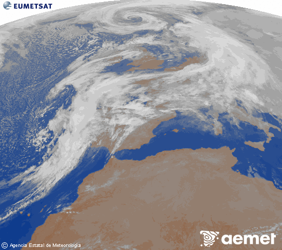Imagen de la zona de Europa y Norte de �frica del canal infrarrojo del sat�lite Meteosat operacional en 0�N 0�W, procesada para darle color.&nbsp;dilluns, 12 de gener  2026 23:00