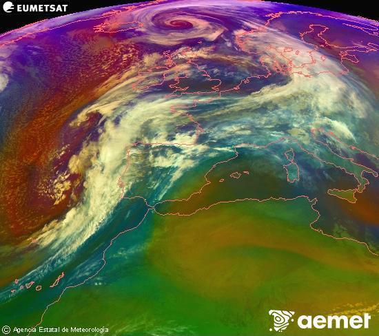 Composici� RGB en la qual es barregen diversos canals del sat�l�lit Meteosat operacional en 0�N 0�W, que ens d�na una idea de les caracter�stiques de les masses d'aire i de la nuvolositat.&nbsp;dimarts, 13 de gener  2026 00:00