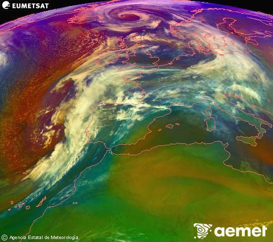 Composici� RGB en la qual es barregen diversos canals del sat�l�lit Meteosat operacional en 0�N 0�W, que ens d�na una idea de les caracter�stiques de les masses d'aire i de la nuvolositat.&nbsp;dimarts, 13 de gener  2026 01:00