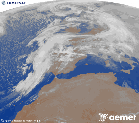 Imagen de la zona de Europa y Norte de �frica del canal infrarrojo del sat�lite Meteosat operacional en 0�N 0�W, procesada para darle color.&nbsp;dimarts, 13 de gener  2026 01:00