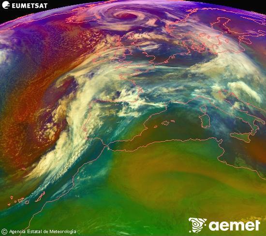 Composici� RGB en la qual es barregen diversos canals del sat�l�lit Meteosat operacional en 0�N 0�W, que ens d�na una idea de les caracter�stiques de les masses d'aire i de la nuvolositat.&nbsp;dimarts, 13 de gener  2026 02:00