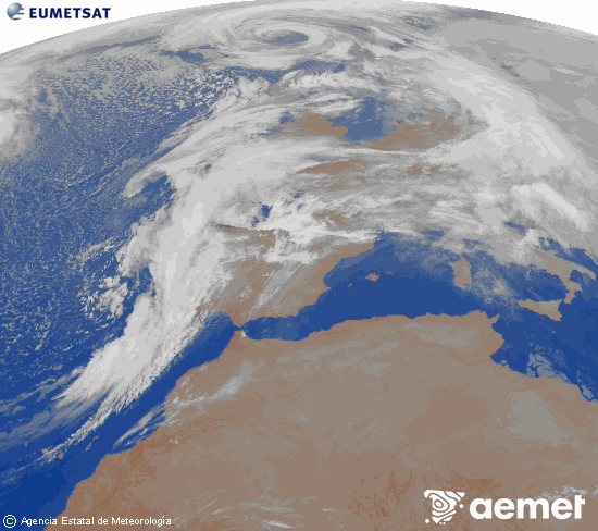 Imagen de la zona de Europa y Norte de �frica del canal infrarrojo del sat�lite Meteosat operacional en 0�N 0�W, procesada para darle color.&nbsp;dimarts, 13 de gener  2026 02:00