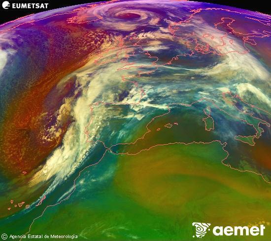 Composici� RGB en la qual es barregen diversos canals del sat�l�lit Meteosat operacional en 0�N 0�W, que ens d�na una idea de les caracter�stiques de les masses d'aire i de la nuvolositat.&nbsp;dimarts, 13 de gener  2026 03:00