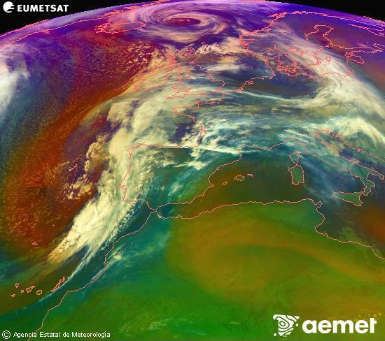 Composici� RGB en la qual es barregen diversos canals del sat�l�lit Meteosat operacional en 0�N 0�W, que ens d�na una idea de les caracter�stiques de les masses d'aire i de la nuvolositat.&nbsp;dimarts, 13 de gener  2026 04:00