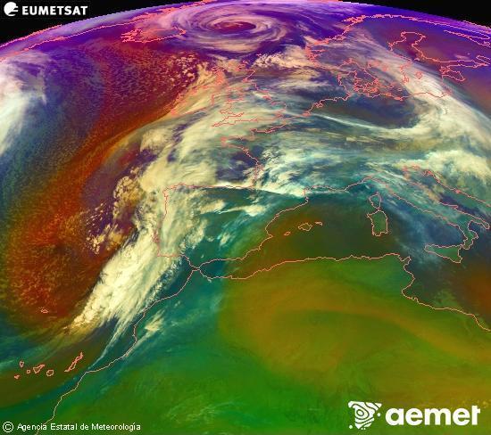 Composici� RGB en la qual es barregen diversos canals del sat�l�lit Meteosat operacional en 0�N 0�W, que ens d�na una idea de les caracter�stiques de les masses d'aire i de la nuvolositat.&nbsp;dimarts, 13 de gener  2026 05:00