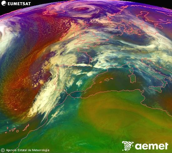 Composici� RGB en la qual es barregen diversos canals del sat�l�lit Meteosat operacional en 0�N 0�W, que ens d�na una idea de les caracter�stiques de les masses d'aire i de la nuvolositat.&nbsp;dimarts, 13 de gener  2026 06:00