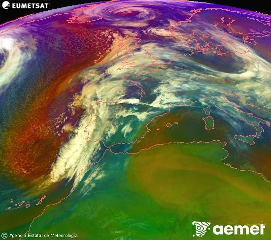 Composici� RGB en la qual es barregen diversos canals del sat�l�lit Meteosat operacional en 0�N 0�W, que ens d�na una idea de les caracter�stiques de les masses d'aire i de la nuvolositat.&nbsp;dimarts, 13 de gener  2026 07:00