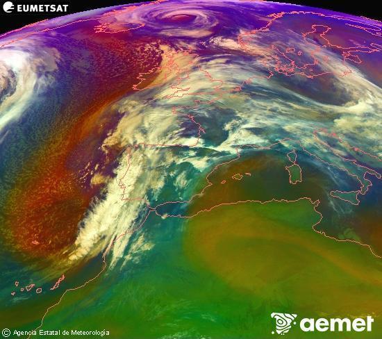 Composici� RGB en la qual es barregen diversos canals del sat�l�lit Meteosat operacional en 0�N 0�W, que ens d�na una idea de les caracter�stiques de les masses d'aire i de la nuvolositat.&nbsp;dimarts, 13 de gener  2026 08:00