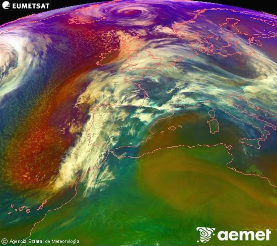 Composici� RGB en la qual es barregen diversos canals del sat�l�lit Meteosat operacional en 0�N 0�W, que ens d�na una idea de les caracter�stiques de les masses d'aire i de la nuvolositat.&nbsp;dimarts, 13 de gener  2026 09:00