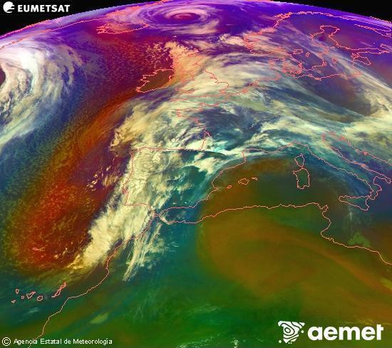 Composici� RGB en la qual es barregen diversos canals del sat�l�lit Meteosat operacional en 0�N 0�W, que ens d�na una idea de les caracter�stiques de les masses d'aire i de la nuvolositat.&nbsp;dimarts, 13 de gener  2026 10:00