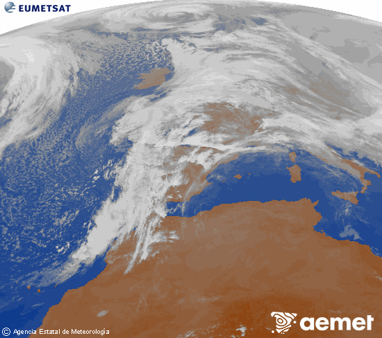 Imagen de la zona de Europa y Norte de �frica del canal infrarrojo del sat�lite Meteosat operacional en 0�N 0�W, procesada para darle color.&nbsp;martes, 13 enero 2026 a las 11:00