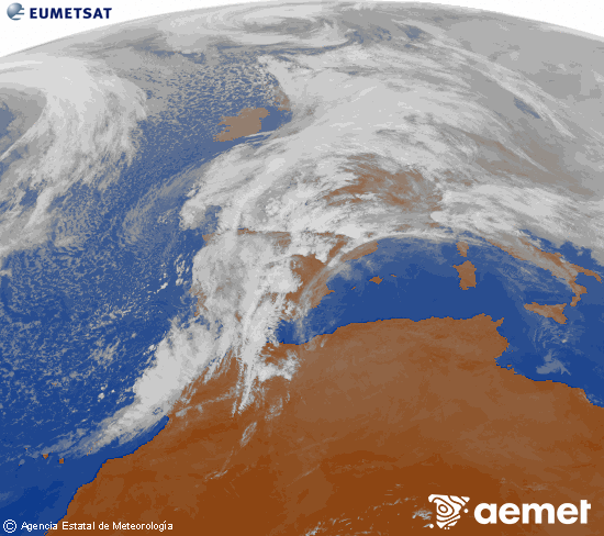Imatge de la zona d'Europa i Nord d'�frica del canal infraroig del sat�l�lit Meteosat operacional en 0�N 0�W, processada per a donar-li color.&nbsp;dimarts, 13 de gener  2026 13:00