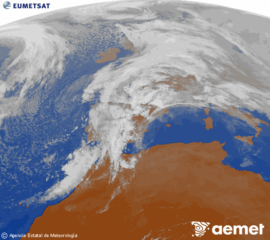 Imatge de la zona d'Europa i Nord d'�frica del canal infraroig del sat�l�lit Meteosat operacional en 0�N 0�W, processada per a donar-li color.&nbsp;dimarts, 13 de gener  2026 14:00
