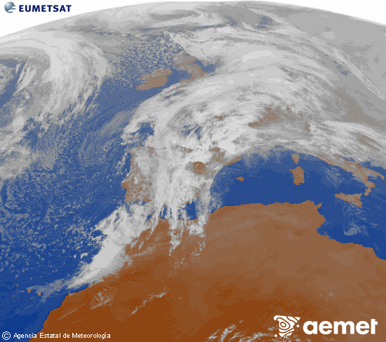 Imagen de la zona de Europa y Norte de �frica del canal infrarrojo del sat�lite Meteosat operacional en 0�N 0�W, procesada para darle color.&nbsp;mardi, 13 janvier  2026 16:00