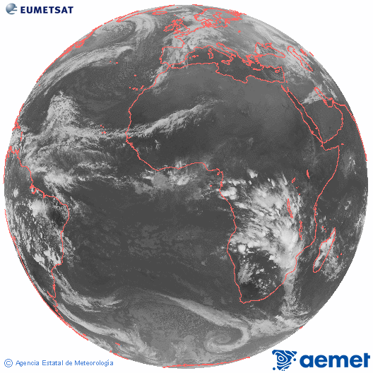 Imaxe global da canle infravermella (10.8 &mu;m) do sat�lite  Meteosat, pertencente � serie MSX (Meteosat Segunda Xeraci�n) e situado en 0�N 0�E.&nbsp;martes, 13 xaneiro  2026 19:00