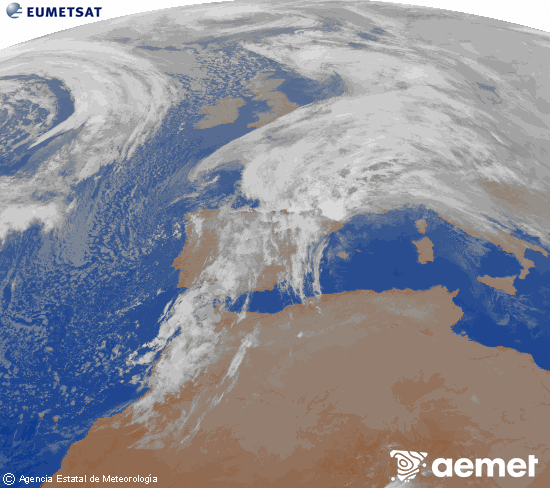 Imatge de la zona d'Europa i Nord d'�frica del canal infraroig del sat�l�lit Meteosat operacional en 0�N 0�W, processada per a donar-li color.&nbsp;dimarts, 13 de gener  2026 21:00