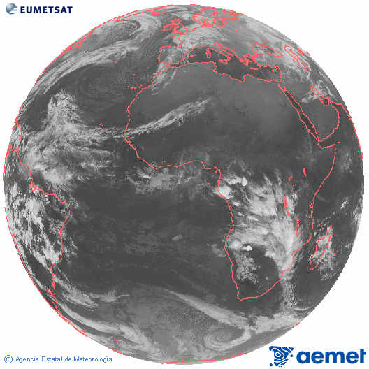 Imaxe global da canle infravermella (10.8 &mu;m) do sat�lite  Meteosat, pertencente � serie MSX (Meteosat Segunda Xeraci�n) e situado en 0�N 0�E.&nbsp;martes, 13 xaneiro  2026 22:00