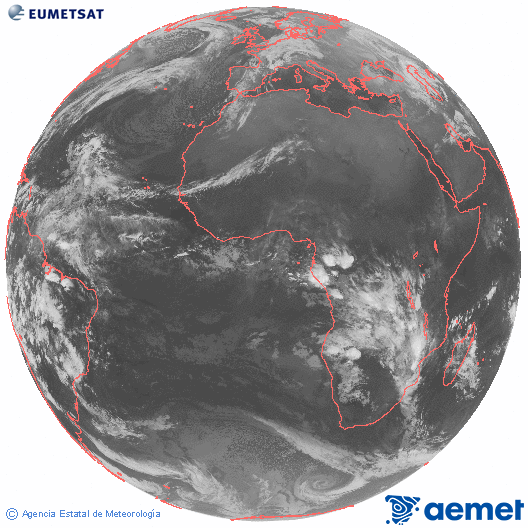 Imaxe global da canle infravermella (10.8 &mu;m) do sat�lite  Meteosat, pertencente � serie MSX (Meteosat Segunda Xeraci�n) e situado en 0�N 0�E.&nbsp;m�rcores, 14 xaneiro  2026 01:00