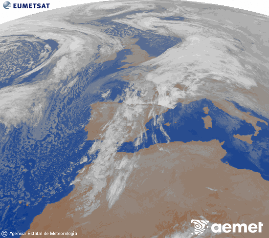Imagen de la zona de Europa y Norte de �frica del canal infrarrojo del sat�lite Meteosat operacional en 0�N 0�W, procesada para darle color.&nbsp;dimecres, 14 de gener  2026 02:00