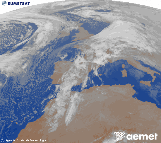 Imagen de la zona de Europa y Norte de �frica del canal infrarrojo del sat�lite Meteosat operacional en 0�N 0�W, procesada para darle color.&nbsp;mercredi, 14 janvier  2026 03:00