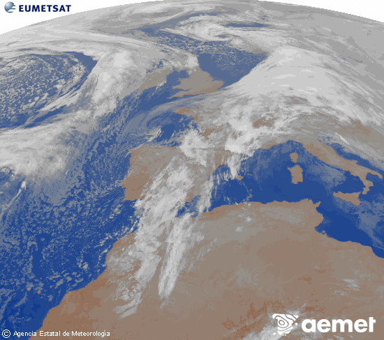 Imagen de la zona de Europa y Norte de �frica del canal infrarrojo del sat�lite Meteosat operacional en 0�N 0�W, procesada para darle color.&nbsp;dimecres, 14 de gener  2026 04:00