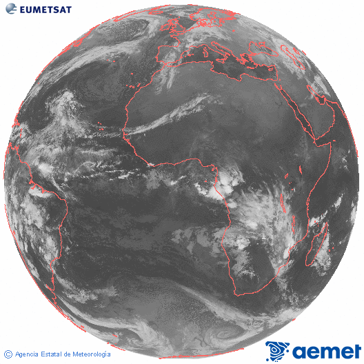 Imaxe global da canle infravermella (10.8 &mu;m) do sat�lite  Meteosat, pertencente � serie MSX (Meteosat Segunda Xeraci�n) e situado en 0�N 0�E.&nbsp;m�rcores, 14 xaneiro  2026 04:00