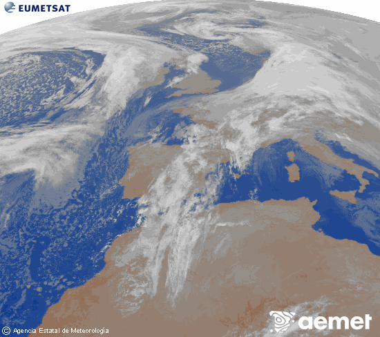 Imagen de la zona de Europa y Norte de �frica del canal infrarrojo del sat�lite Meteosat operacional en 0�N 0�W, procesada para darle color.&nbsp;dimecres, 14 de gener  2026 06:00