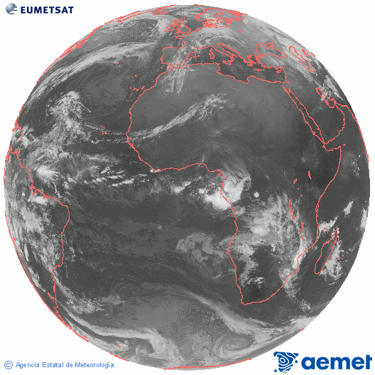 Imaxe global da canle infravermella (10.8 &mu;m) do sat�lite  Meteosat, pertencente � serie MSX (Meteosat Segunda Xeraci�n) e situado en 0�N 0�E.&nbsp;m�rcores, 14 xaneiro  2026 07:00