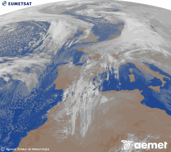 Imagen de la zona de Europa y Norte de �frica del canal infrarrojo del sat�lite Meteosat operacional en 0�N 0�W, procesada para darle color.&nbsp;Wednesday, 14 January  2026 08:00