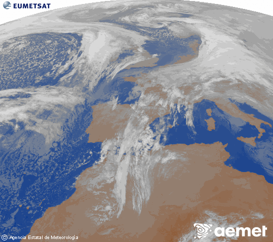 Imagen de la zona de Europa y Norte de �frica del canal infrarrojo del sat�lite Meteosat operacional en 0�N 0�W, procesada para darle color.&nbsp;Wednesday, 14 January  2026 09:00